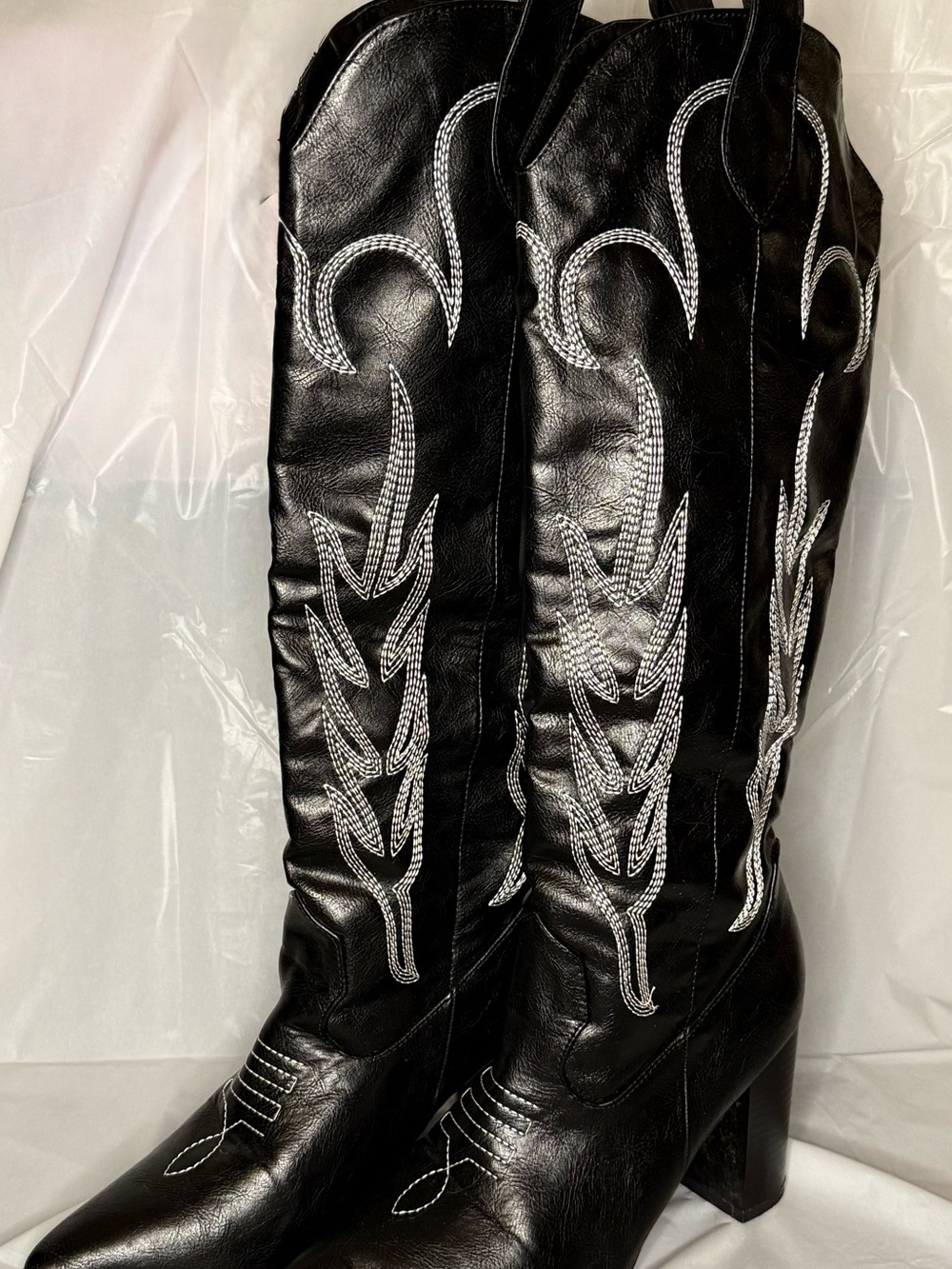 Women's Black Western Knee-High Boots with White Embroidery